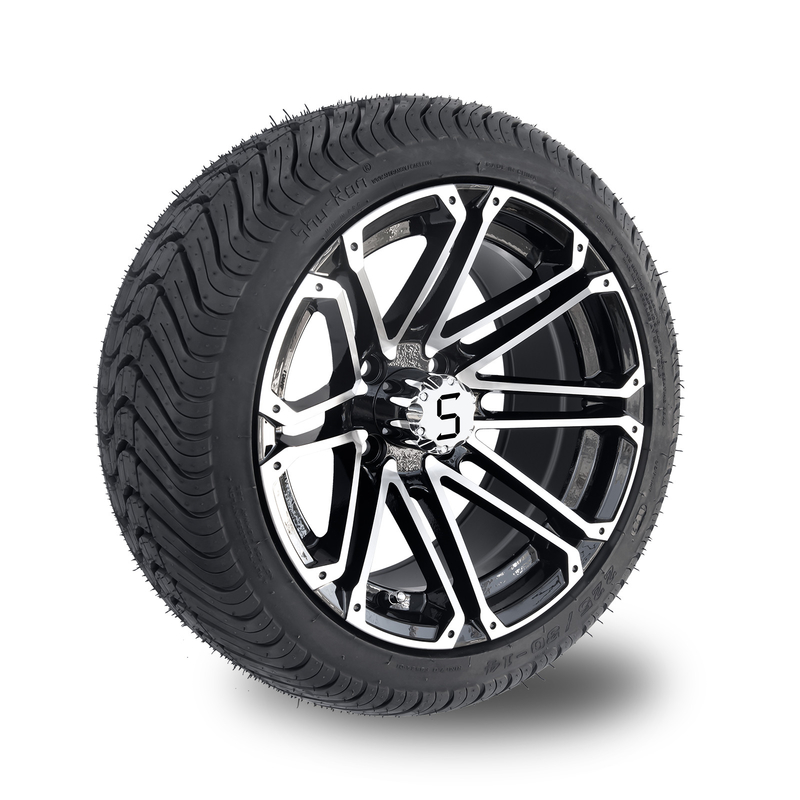 عجلات وعجلات جولف كار مقاس 14x7 مع إطارات 225/30-14 إطارات شوارع سوداء لامعة مصقولة