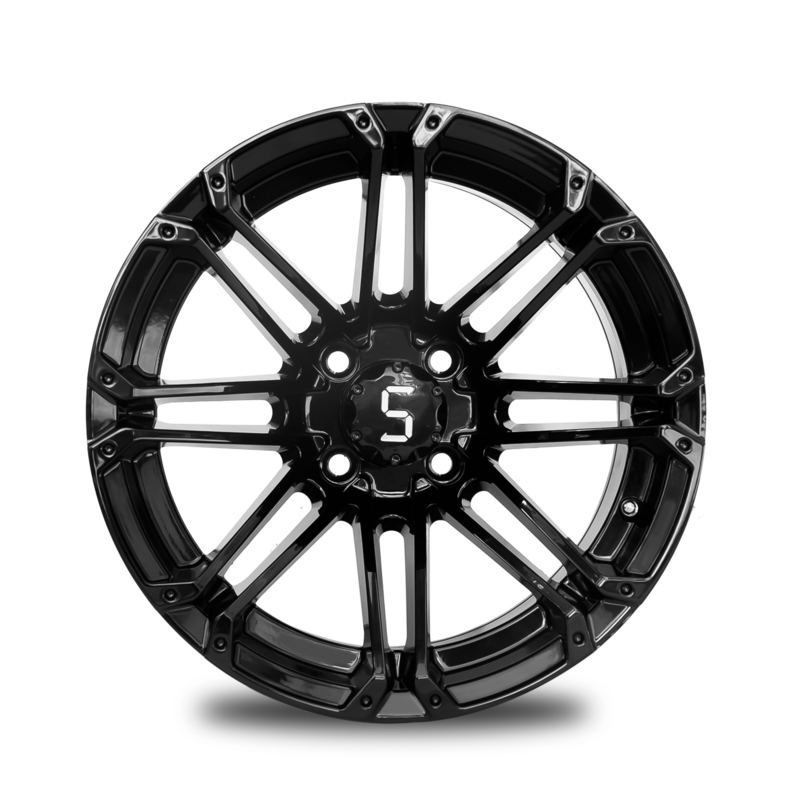 جنوط عربة غولف 12x7 من سبائك الألومنيوم سوداء لامعة، نمط مسامير 4x4، 101.6 PCD