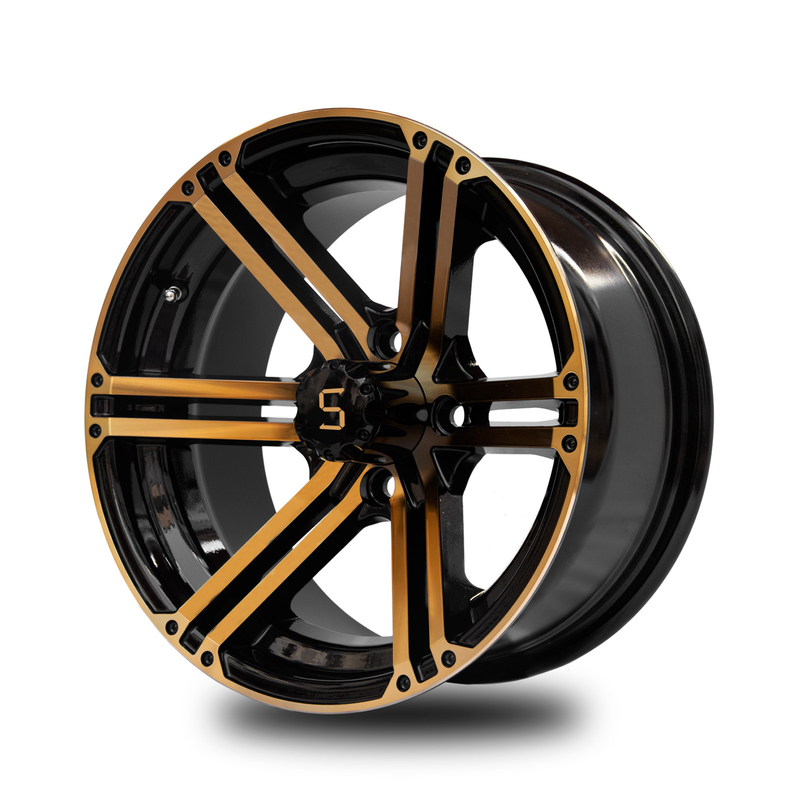 12x7 / 14x7 عجلات عربة الغولف الذهب / اللمعان الأسود 4 / 101.6 PCD -25 ET