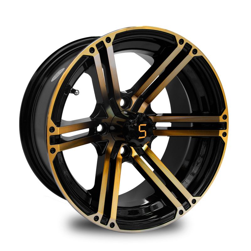 12x7 / 14x7 عجلات عربة الغولف الذهب / اللمعان الأسود 4 / 101.6 PCD -25 ET