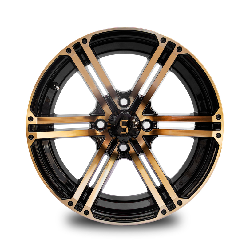 12x7 / 14x7 عجلات عربة الغولف الذهب / اللمعان الأسود 4 / 101.6 PCD -25 ET