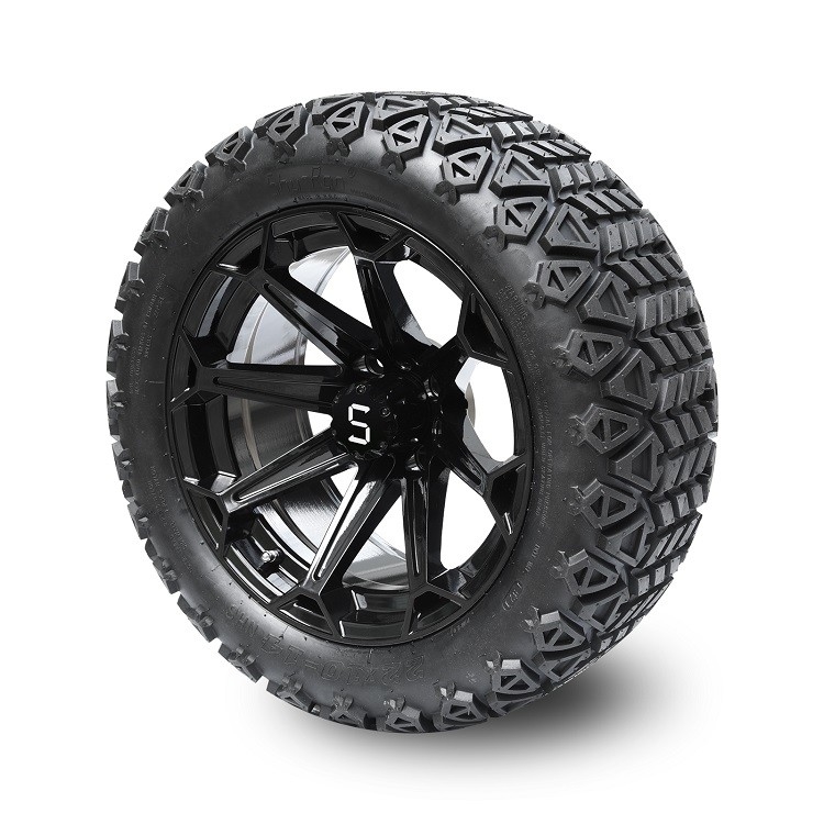 عجلات عربة غولف مقاس 14 بوصة سوداء لامعة وإطارات DOT مقاس 22x10-14 مع غطاء مركزي وصواميل العروة