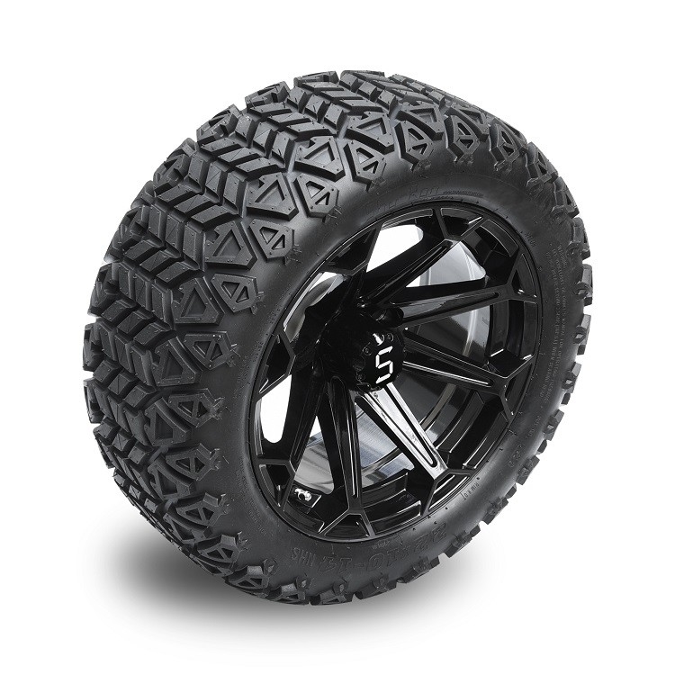 عجلات عربة غولف مقاس 14 بوصة سوداء لامعة وإطارات DOT مقاس 22x10-14 مع غطاء مركزي وصواميل العروة