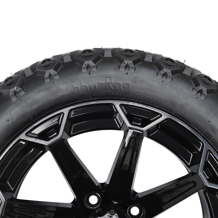 عجلات عربة غولف مقاس 14 بوصة سوداء لامعة وإطارات DOT مقاس 22x10-14 مع غطاء مركزي وصواميل العروة
