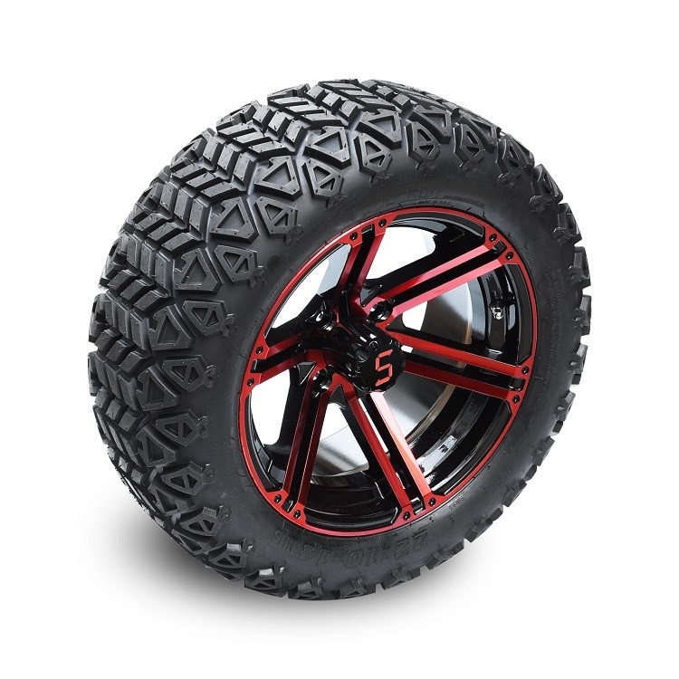 14 بوصة عربة الغولف الأحمر / سوداء لامعة العجلات و 22x10-14' DOT جميع الإطارات الأرضية تجميع