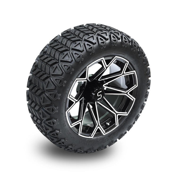 عربة غولف 22 بوصة إطار لجميع التضاريس وعجلة ألومنيوم سوداء مشغولة مقاس 14 بوصة