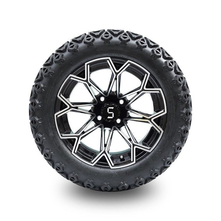 عربة غولف 22 بوصة إطار لجميع التضاريس وعجلة ألومنيوم سوداء مشغولة مقاس 14 بوصة