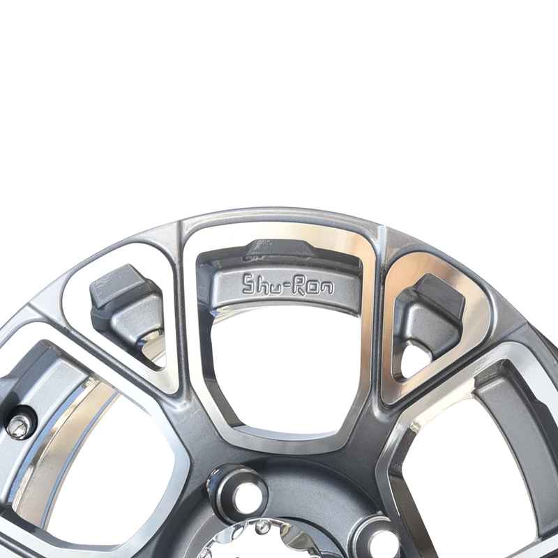 عجلات جولف كار 12 بوصة من الألومنيوم المشغول/الرصاصي الداكن مع أغطية مركزية نمط مسامير 4x4 (101.6 ملم)