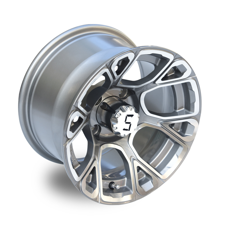 عجلات جولف كار 12 بوصة من الألومنيوم المشغول/الرصاصي الداكن مع أغطية مركزية نمط مسامير 4x4 (101.6 ملم)