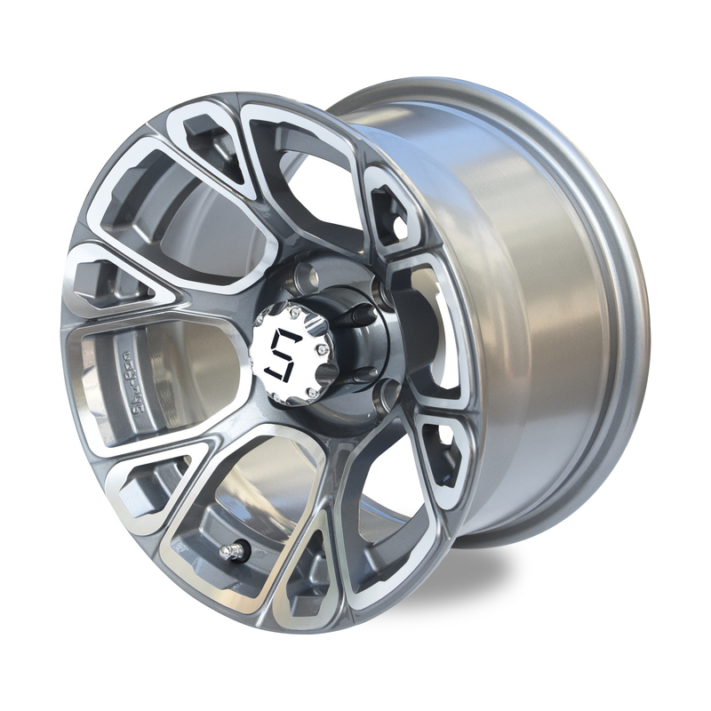 عجلات جولف كار 12 بوصة من الألومنيوم المشغول/الرصاصي الداكن مع أغطية مركزية نمط مسامير 4x4 (101.6 ملم)